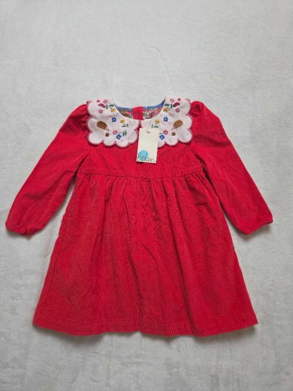 New 12-18 Months Baby mini Boden red corduroy dress w Hedgehog lady bug collar